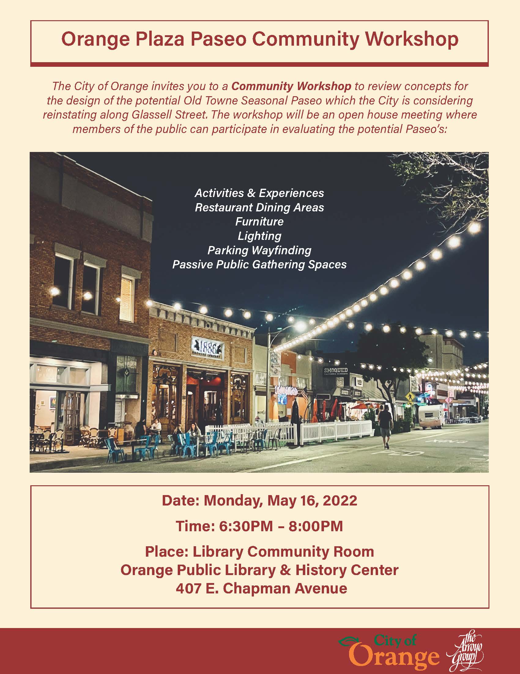 Orange Plaza Paseo Community Workshop Flyer